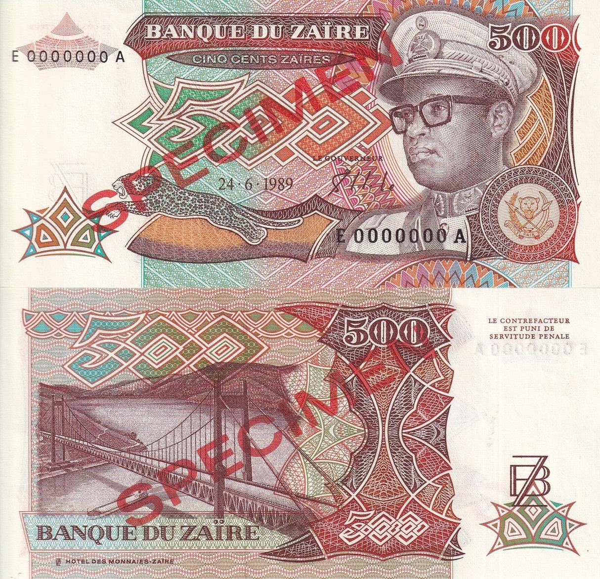 Zaire 500 Zaires 1989 P 34 Specimen UNC