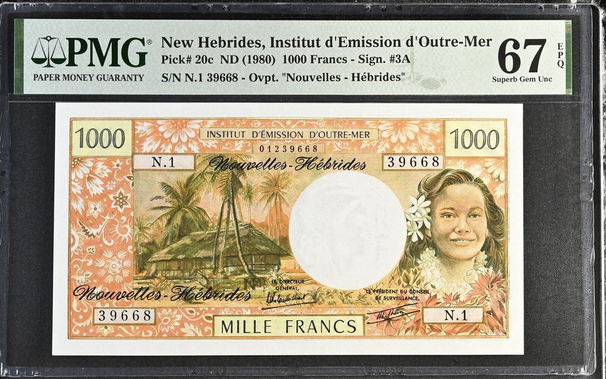NEW Hebrides 1000 Francs ND 1980 P 20 c Superb Gem UNC PMG 67 EPQ