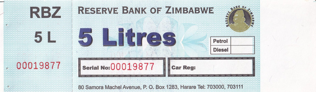 ZIMBABWE 5 LITRES RBZ PETROL GAS FUEL COUPON UNC