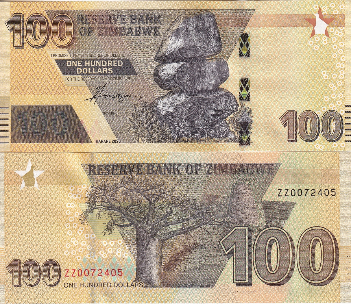 Zimbabwe 100 Dollars 2020 P 106 ZZ Replacement UNC