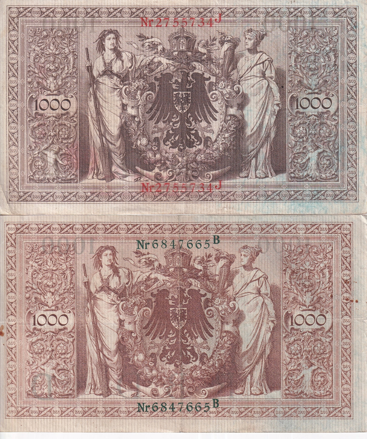 Germany SET 2 , 1000 Mark 1910 Green + Red Seal P 44 45 Fine Used Circulated