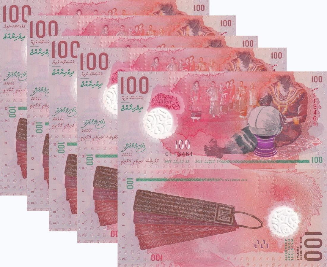 Maldives 100 Rufiyaa 2015 Polymer P 29 UNC, Without Rufiyaa Symbol LOT 5 PCS