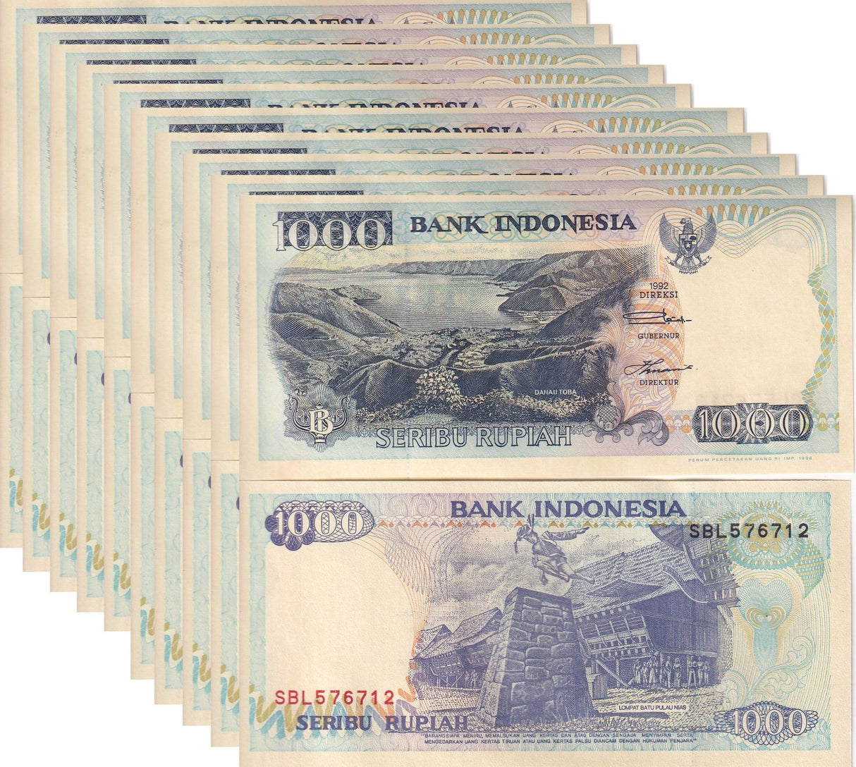 Indonesia 1000 Rupiah 1992/Random Year P 129 g LOT 10 UNC
