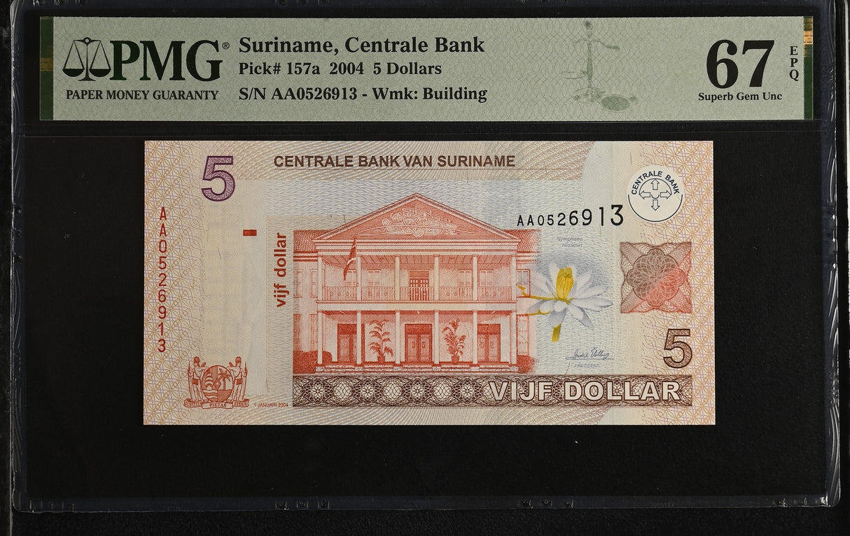Suriname 5 Dollars 2004 P 157 a Superb Gem UNC PMG 67 EPQ