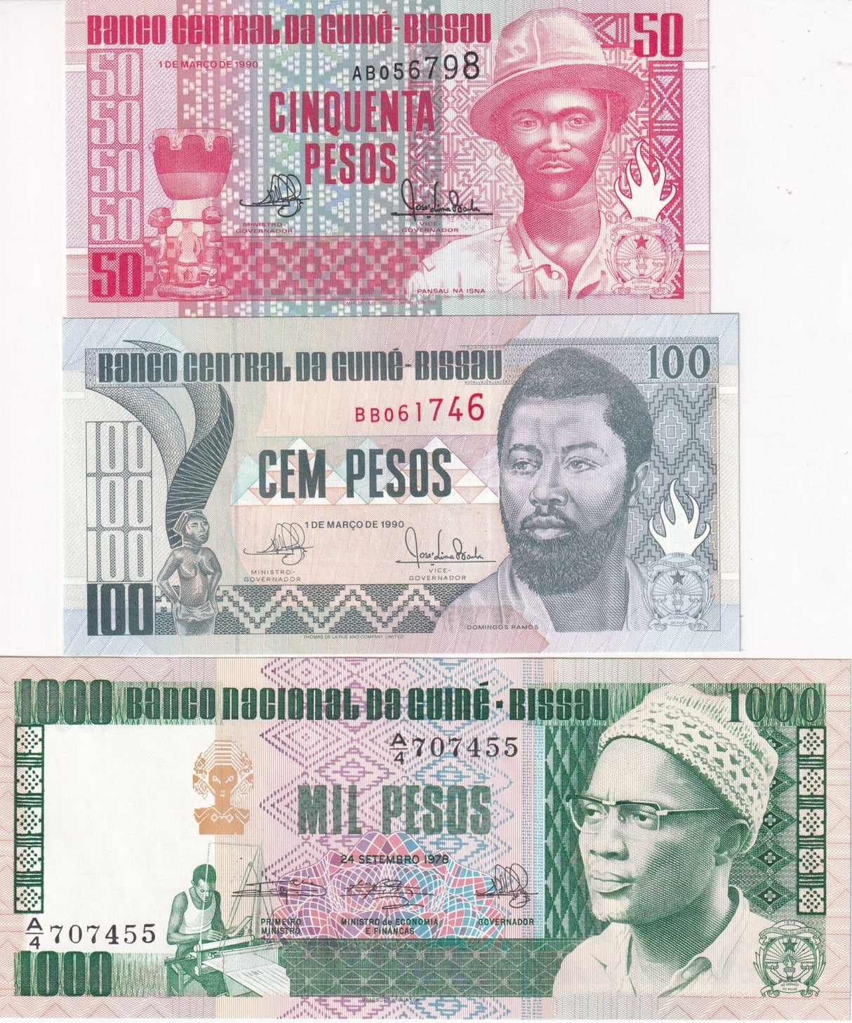 Guinea Bissau Set 3 Pcs 50 100 1000 Pesos 1978 - 1990 P 8 10 11 UNC