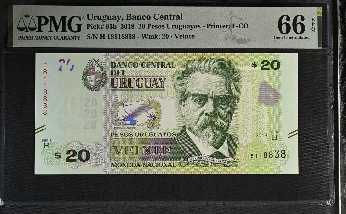 Uruguay 20 Pesos 2018 P 93 b Gem UNC PMG 66 EPQ