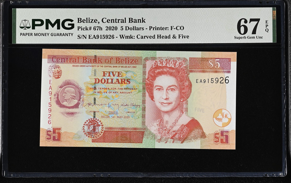 Belize 5 Dollars 2020 P 67 h Superb Gem UNC PMG 67 EPQ