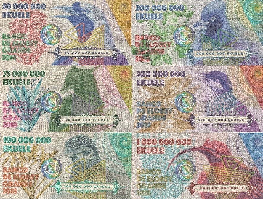 Elobey Grande Set 6 50 75 100 200 500 1000 Million Ekuele 2018 Bird Fantasy
