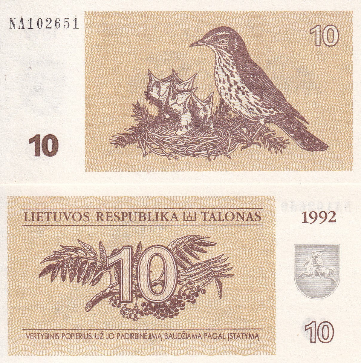 Lithuania 10 Talonas 1992 P 40 UNC ,Rowan branch arms Mistle thrushes