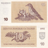 Lithuania 10 Talonas 1992 P 40 UNC ,Rowan branch arms Mistle thrushes
