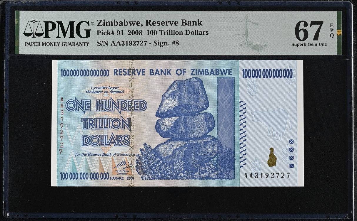 Zimbabwe 100 Trillion Dollars 2008 P 91 Superb Gem UNC PMG 67 EPQ Misaligned Digit ERROR
