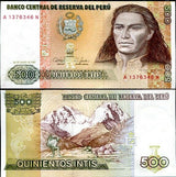 Peru 500 Intis 1987 P 134 UNC Huascarán mountain, Tupac Amaru