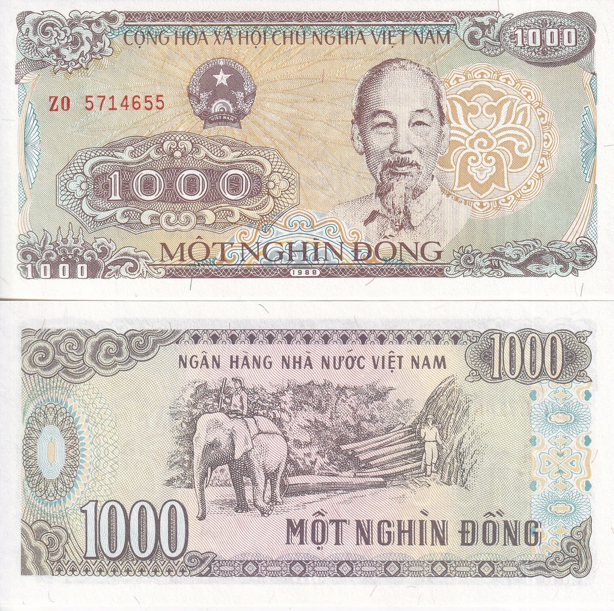 Vietnam 1000 Dong 1988 P 106 UNC  Elephant, logging Ho Chi Minh
