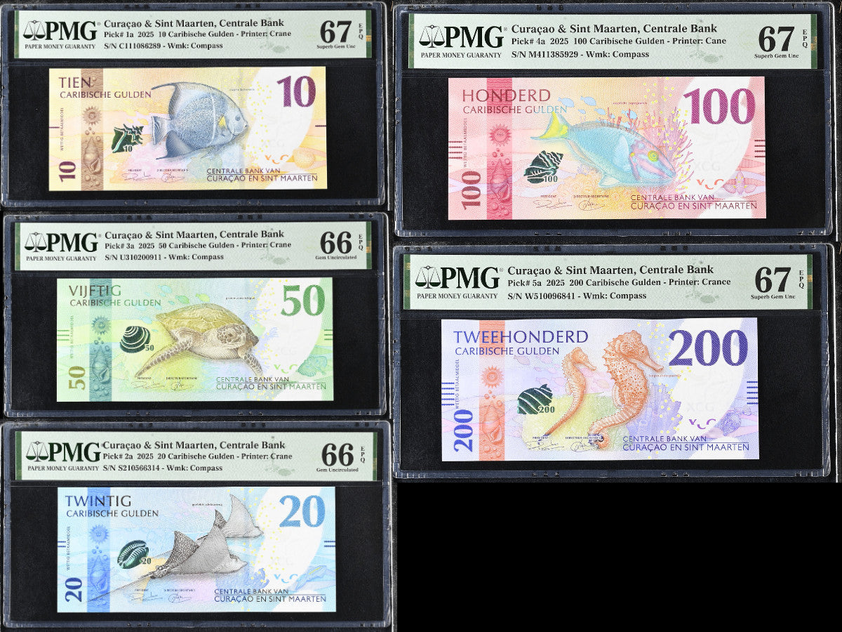 Curacao Set 5; 10 20 50 100 200 Gulden 2025 P 1 2-5 Superb Gem UNC PMG 66 67 EPQ