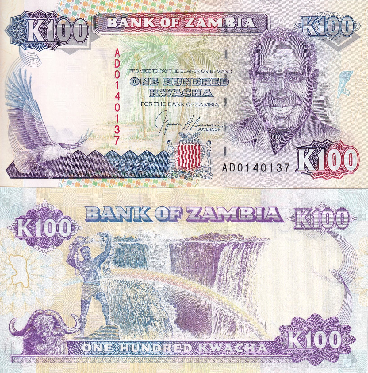 Zambia 100 Kwacha 1991 P 34 UNC , Fish eagle , President Kenneth Kaunda