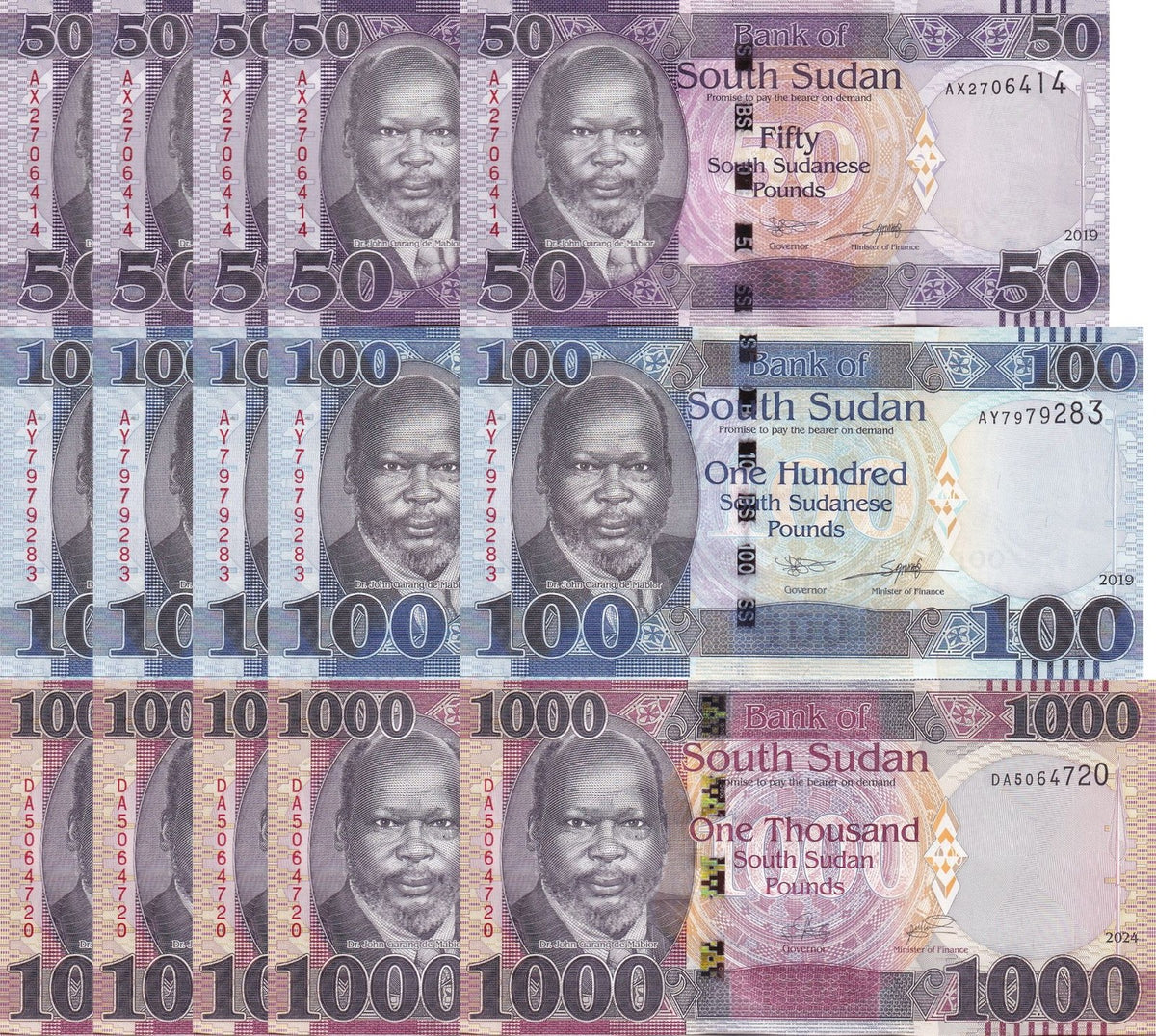 South Sudan Set 3 X LOT 5 = 15 UNC 50 100 1000 Pounds 2019 2024 P 14 15 21