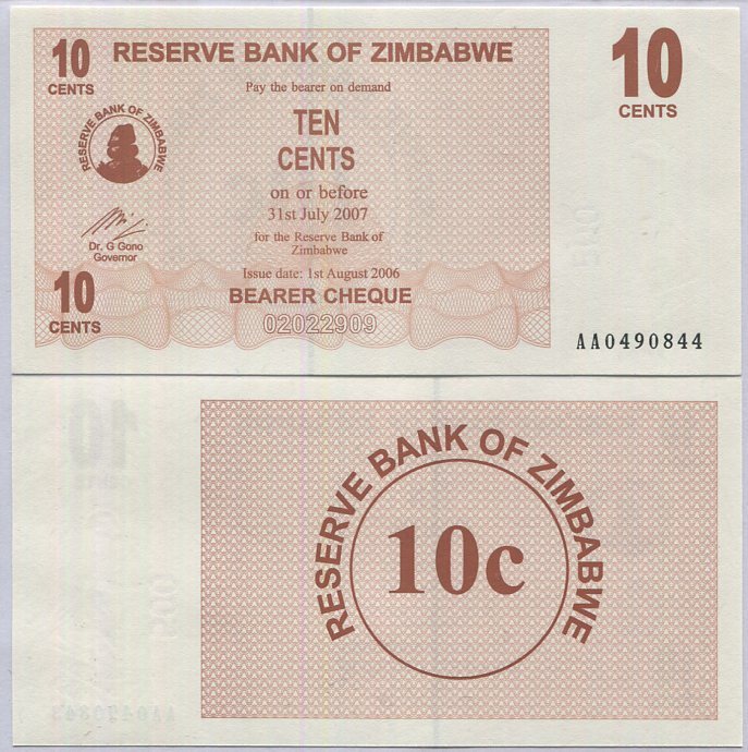 Zimbabwe 10 Cents 2006 Bearer Cheque P 35 UNC