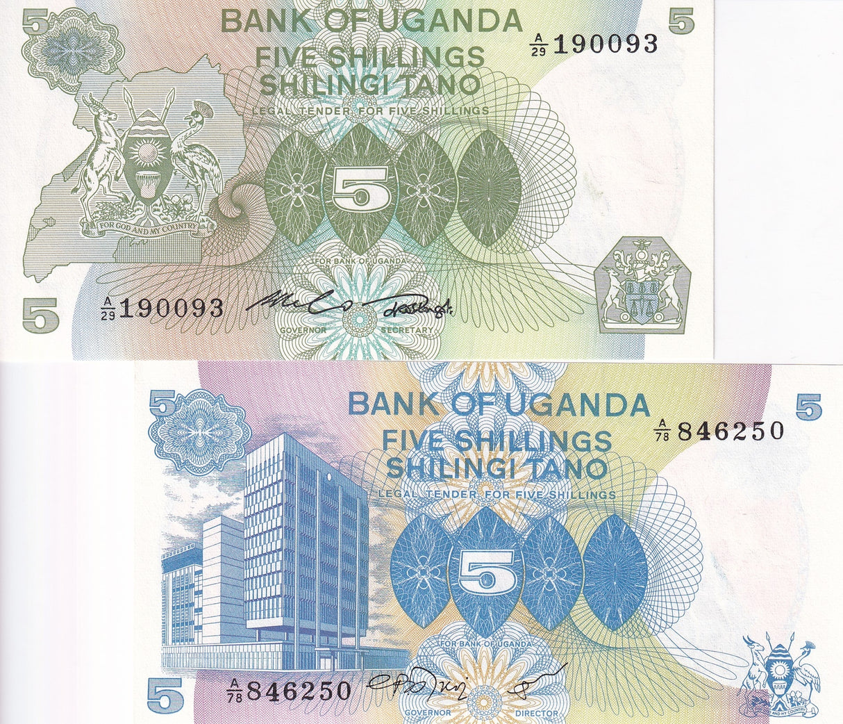 Uganda Set 2 PCS of 5 Shillings ND 1979 P 10 P 15 UNC
