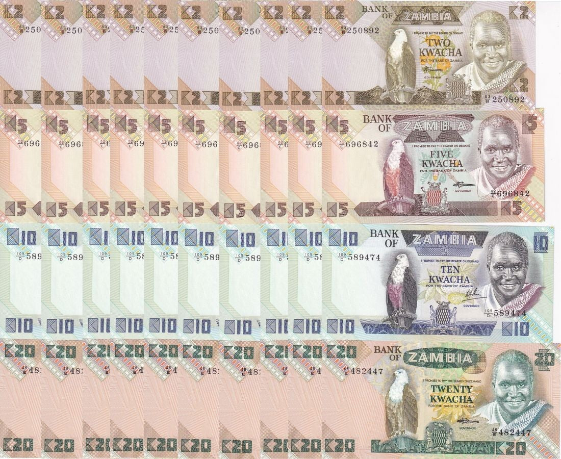 Zambia Set 4 X Lot 10 = 40 UNC 2 5 10 20 Kwacha 1980 - 1991 P 24 25 26 27