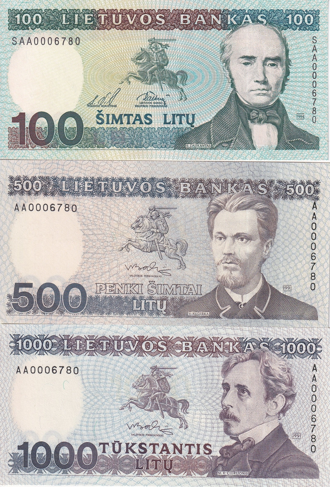 Lithuania Set 3 UNC 100 500 1000 Litu 1991 1994 P 50 51 52 Matching Number