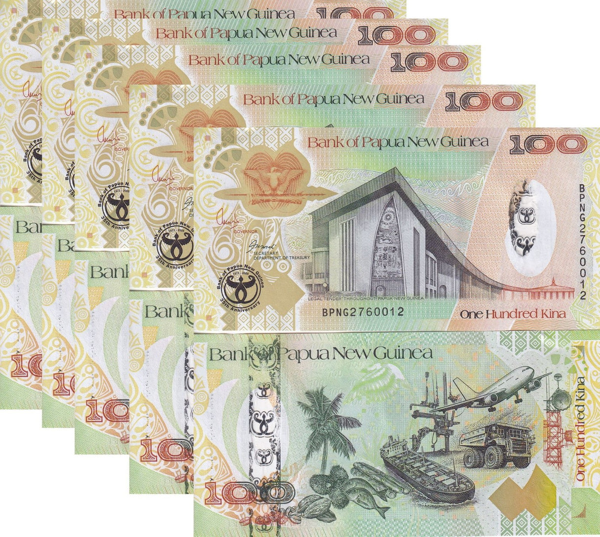 Papua New Guinea 100 Kina 2008 P 37 Hybrid 35th Commemorative UNC LOT 5 PCS