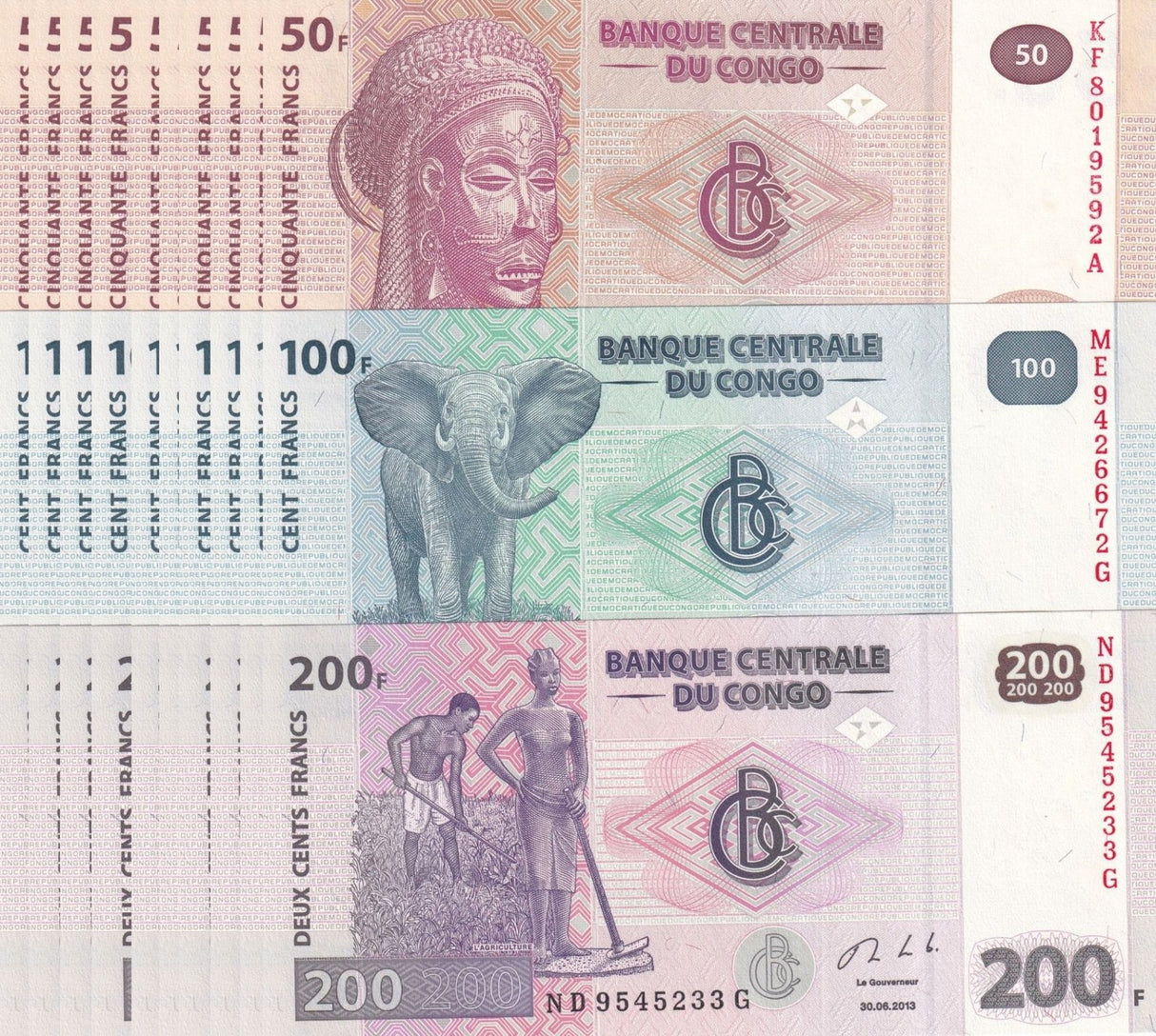Congo Set 3 X LOT 10 = 30 UNC 50 100 200 Francs Random Date P 97 98 99