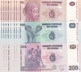 Congo Set 3 X LOT 10 = 30 UNC 50 100 200 Francs Random Date P 97 98 99