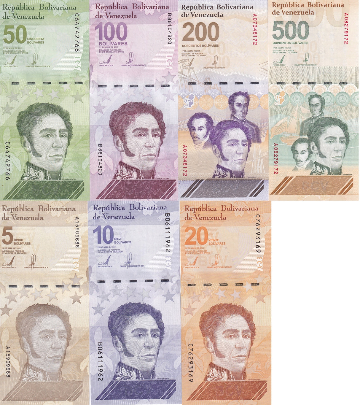 Venezuela Set 7 UNC 5 10 20 50 100 200 500 Digitales 2021-2023 P 115-121 FullSet