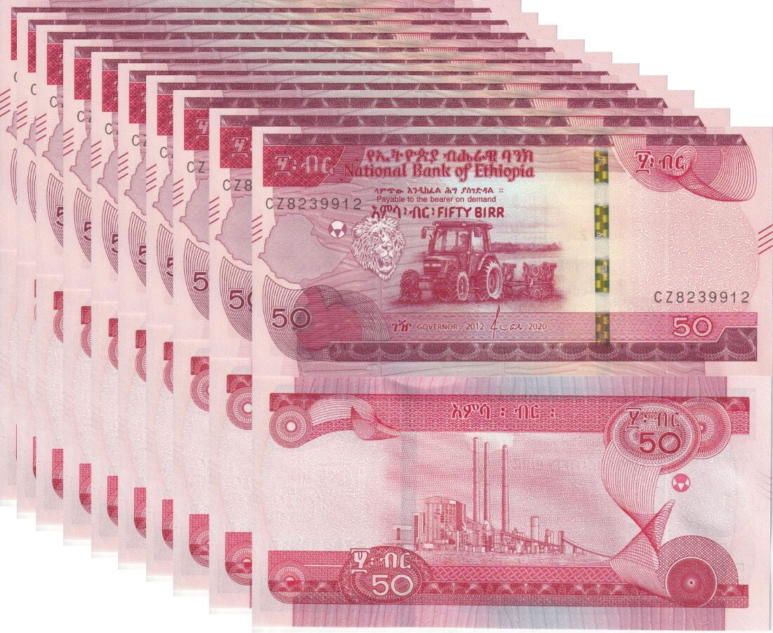 Ethiopia 50 Birr 2012/2020 P 54 UNC Lot 10 Pcs , Factory, Tractor