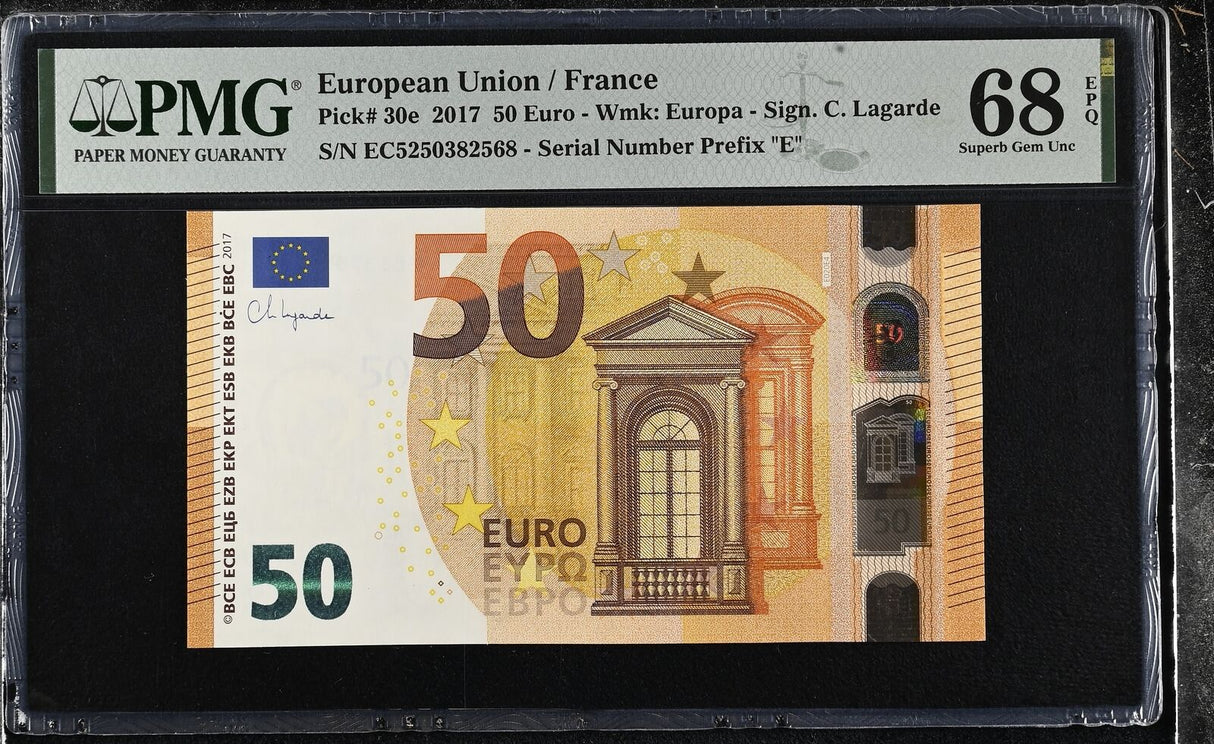 Euro 50 Euro 2017 France P 30 e Superb Gem UNC PMG 68 EPQ TOP POP