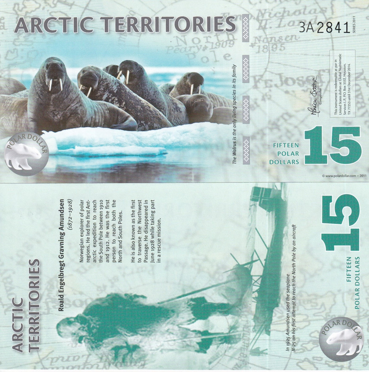 Arctic Territories 15 Dollars 2011 POLAR WALRUS POLYMER ,private issue note