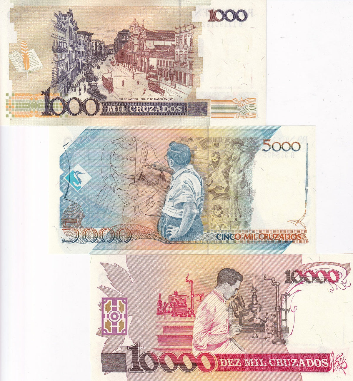 Brazil Set 3 UNC 1 5 10 C.N on 1000 5000 1000 Cruzados ND 1989 P 216 217 218