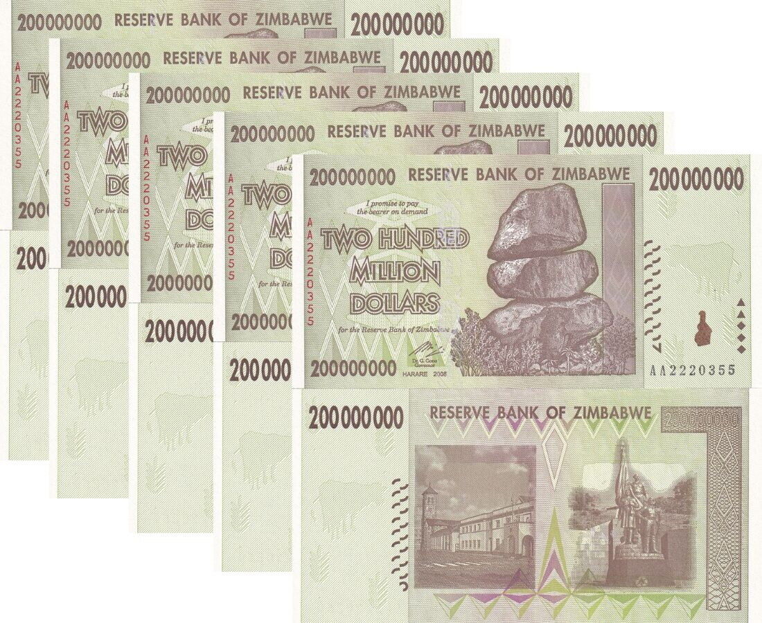 Zimbabwe 200 Million Dollars 2008 P 81 UNC LOT 5 PCS