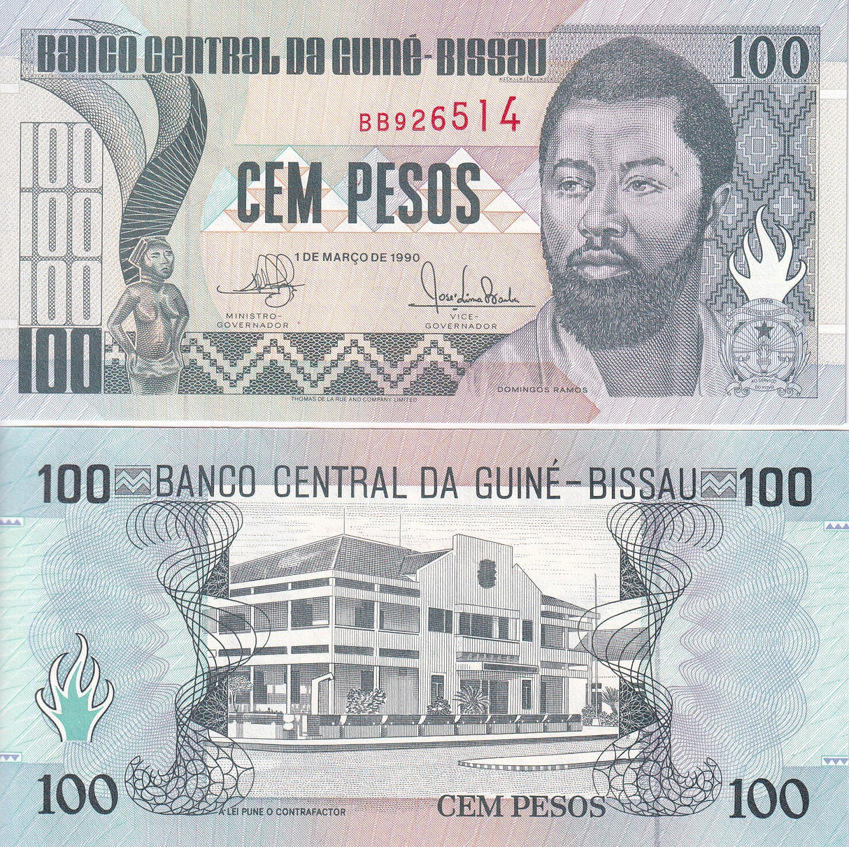 Guinea Bissau 100 Pesos 1990 P 11 UNC Domingos Ramos, National Bank building