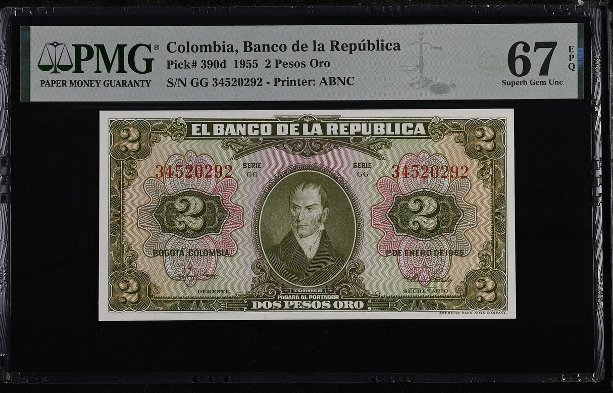 Colombia 2 Pesos Oro 1955 P 390 d Superb Gem UNC PMG 67 EPQ