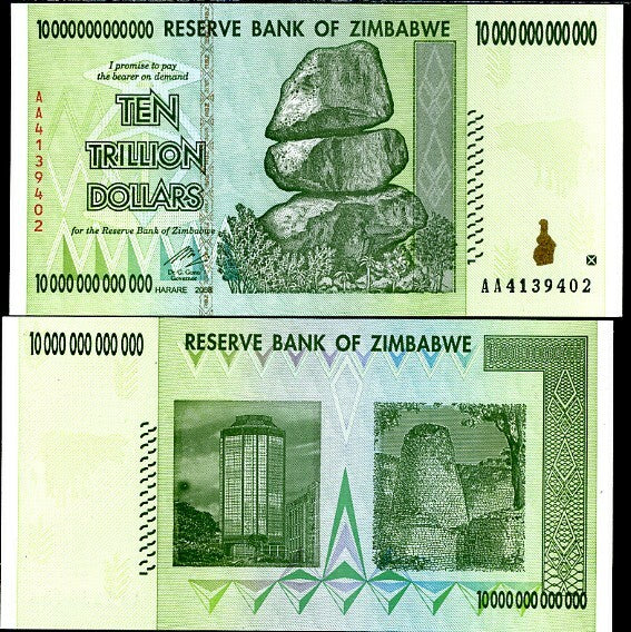 Zimbabwe 10 Trillion Dollars 2008 AA Prefix P 88 AUnc