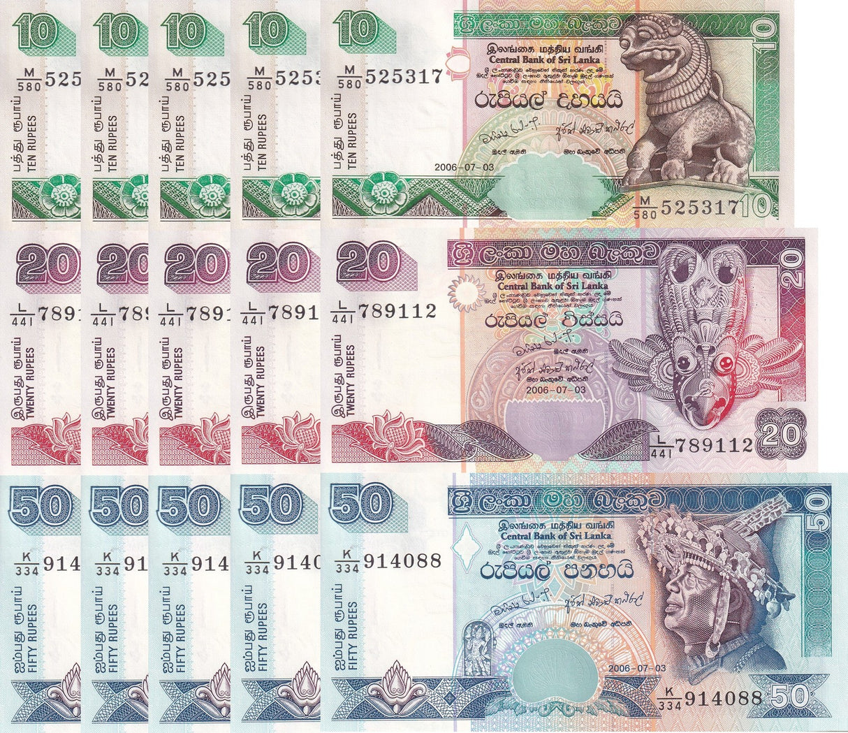 Sri Lanka Set 3 X LOT 5 =15 UNC 10 20 50 Rupees Random P 108 109 110