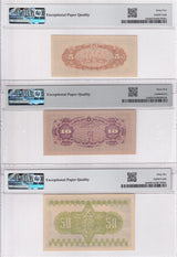 Japan Set 3 UNC 5 10 50 Sen 1938 ND 1944 P 52 53 P 58 Gem UNC PMG 65 66 EPQ