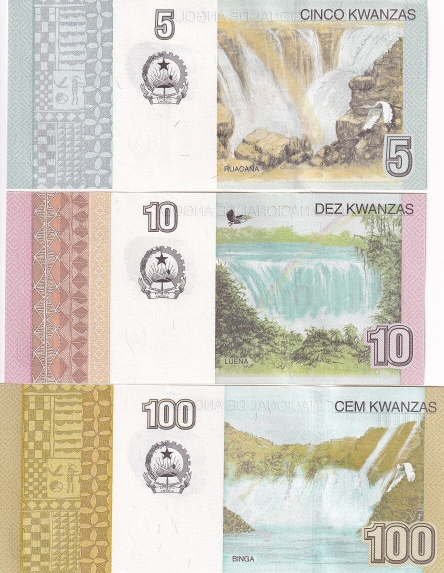 Angola Set 3 UNC 5 10 100 Kwanzas 2012 / 2017 P 151A P 152 P 153b UNC