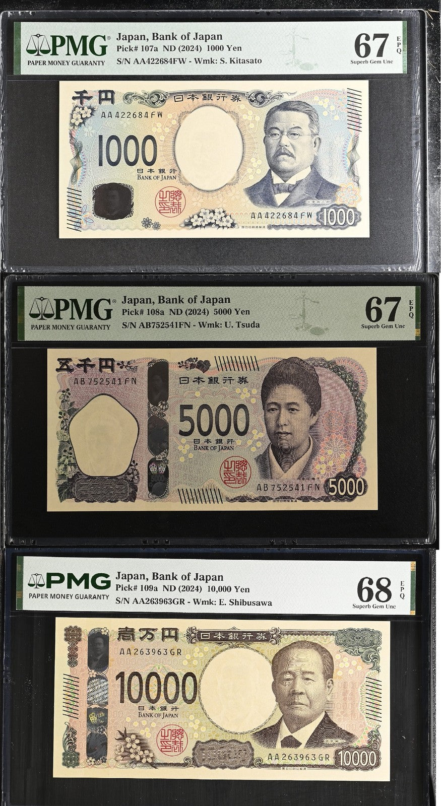 Japan Set 3; 1000 5000 10000 Yen 2024 P 107-P 109 Superb Gem UNC PMG 67 68 EPQ