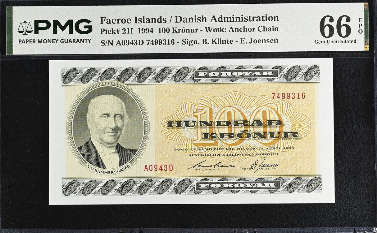 Faeroe Islands 100 Kronur 1994 P 21 f Gem UNC PMG 66 EPQ