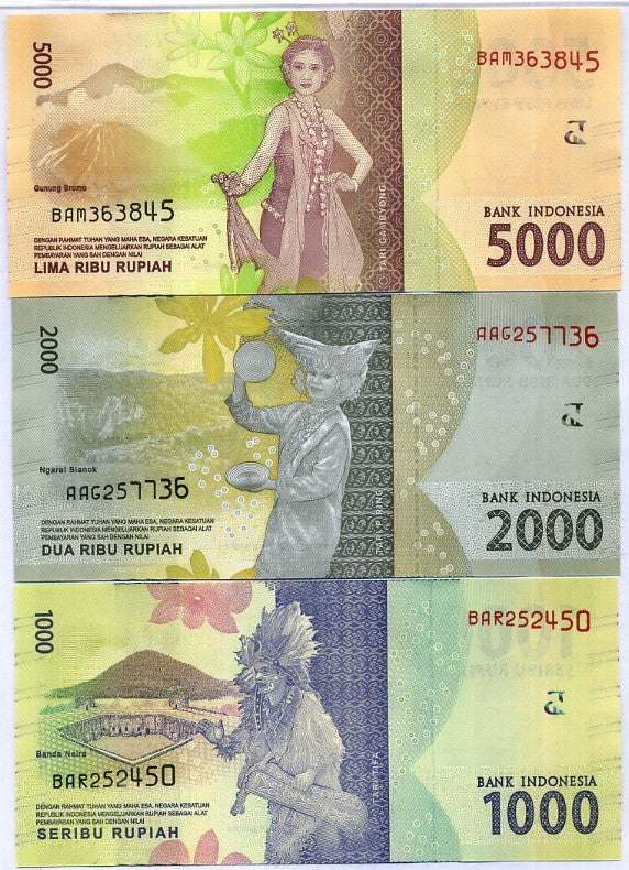 Indonesia SET 3 UNC 1000 2000 5000 Rupiah 2016/Random Date P 154 155 156