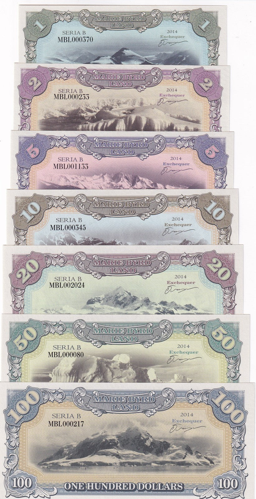 Marie Byrd Land Set 7, 1 2 5 10 20 50 100 banknotes 2014 Fantasy