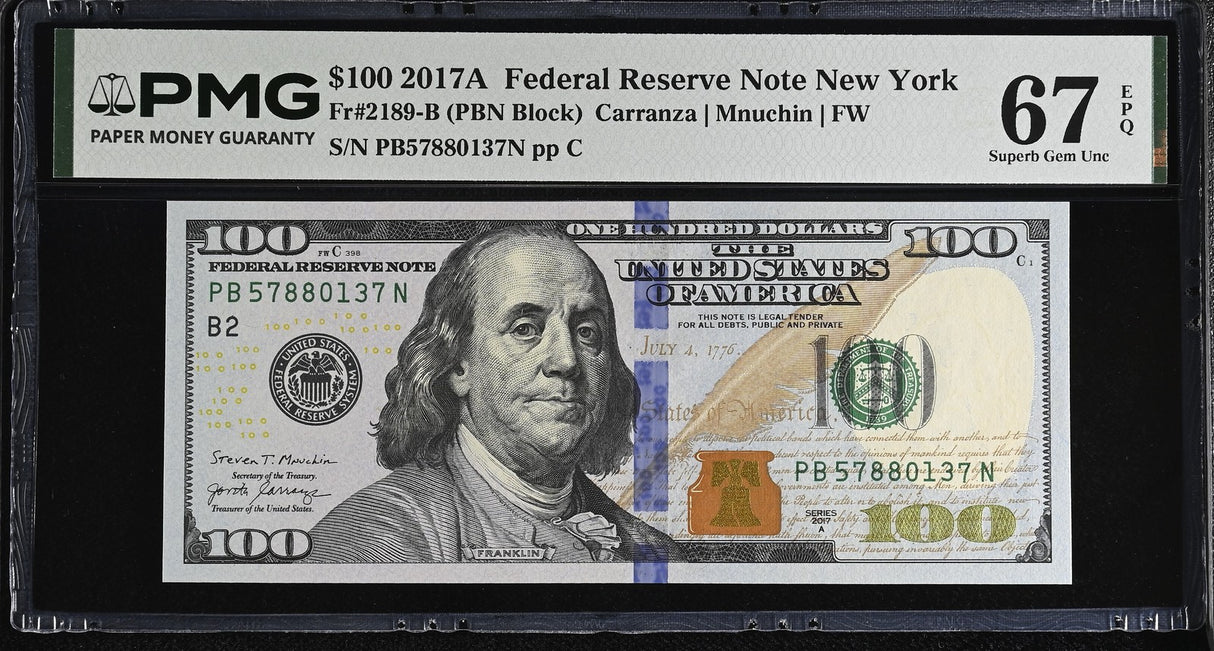 United States 100 Dollars USA 2017A P 548 B New York Superb Gem UNC PMG 67 EPQ