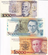 Brazil Set 3 UNC 1 5 10 C.N on 1000 5000 1000 Cruzados ND 1989 P 216 217 218