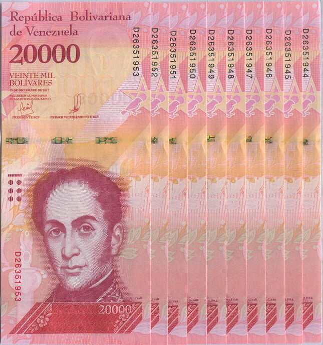 Venezuela 20000 Bolivares 2017 P 99 UNC LOT 10 PCS 1/10 Bundles