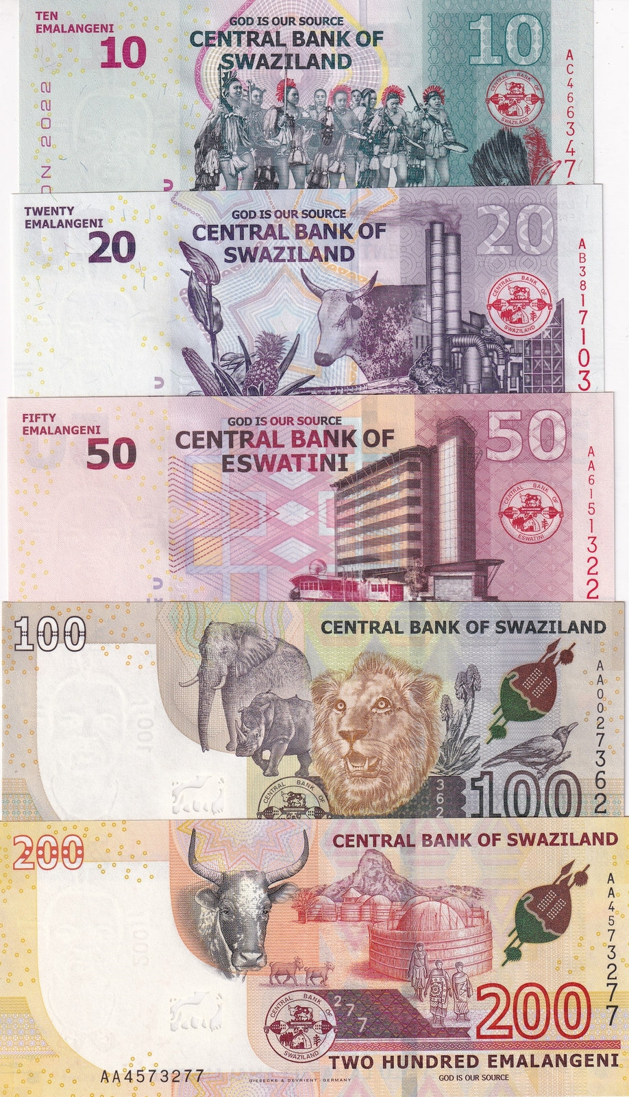 Swaziland Set 5 Pcs 10 20 50 100 200 Emalangeni 2015-2018 P 37- 44 UNC