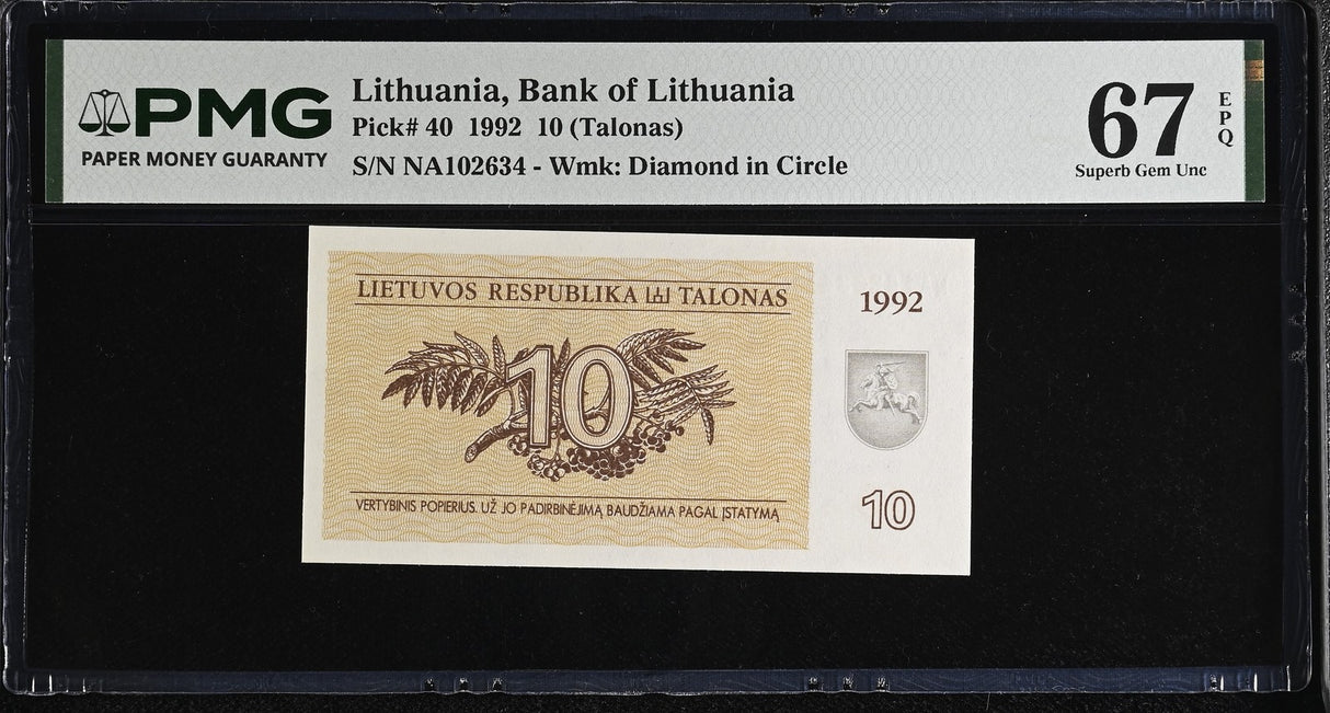 Lithuania 10 Talonas 1992 P 40 Superb Gem UNC PMG 67 EPQ WTM Diamond in circle