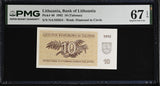 Lithuania 10 Talonas 1992 P 40 Superb Gem UNC PMG 67 EPQ WTM Diamond in circle
