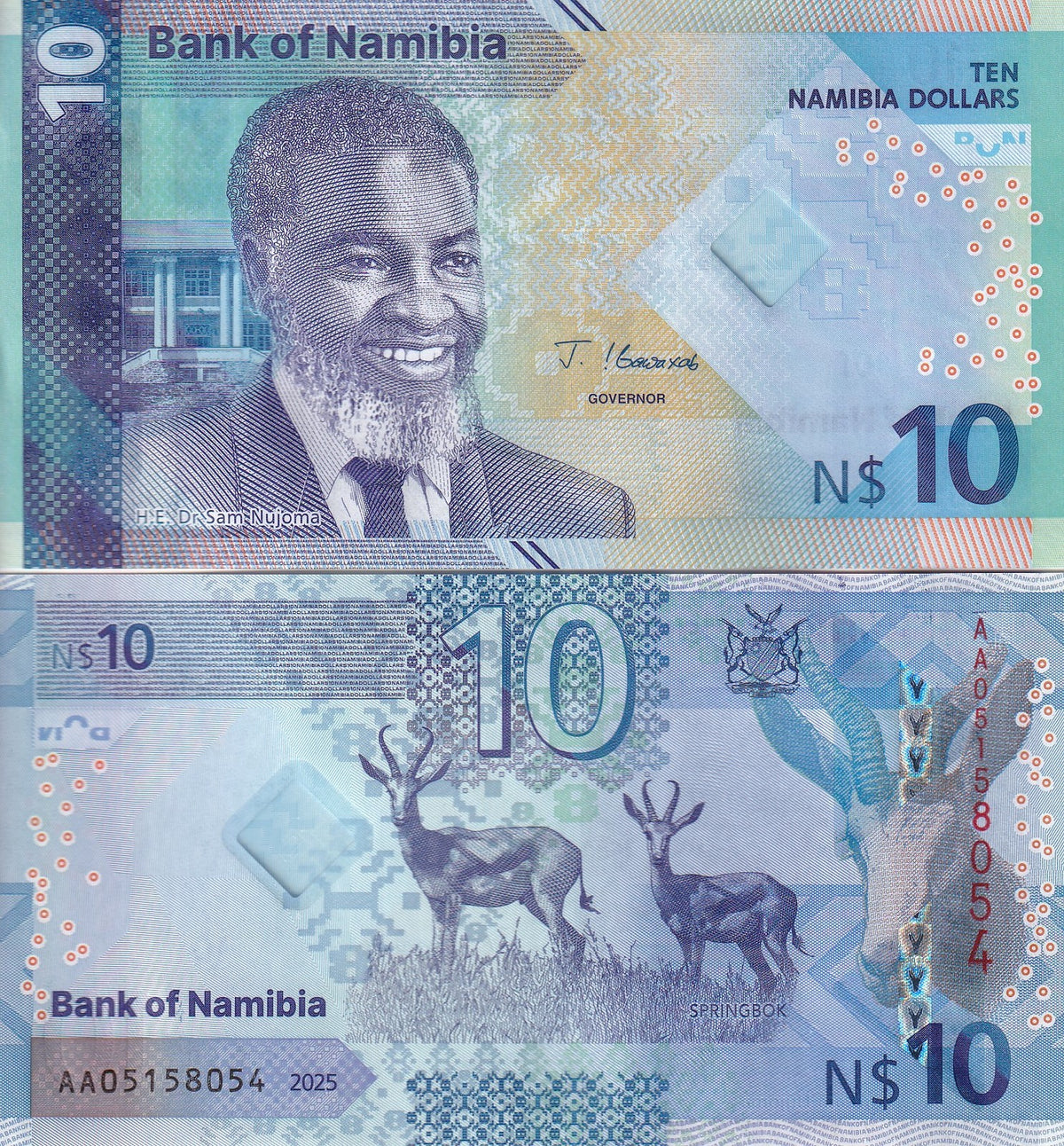 Namibia 10 Dollars 2025 P 20 NEW Design SpringBok Hybrid UNC